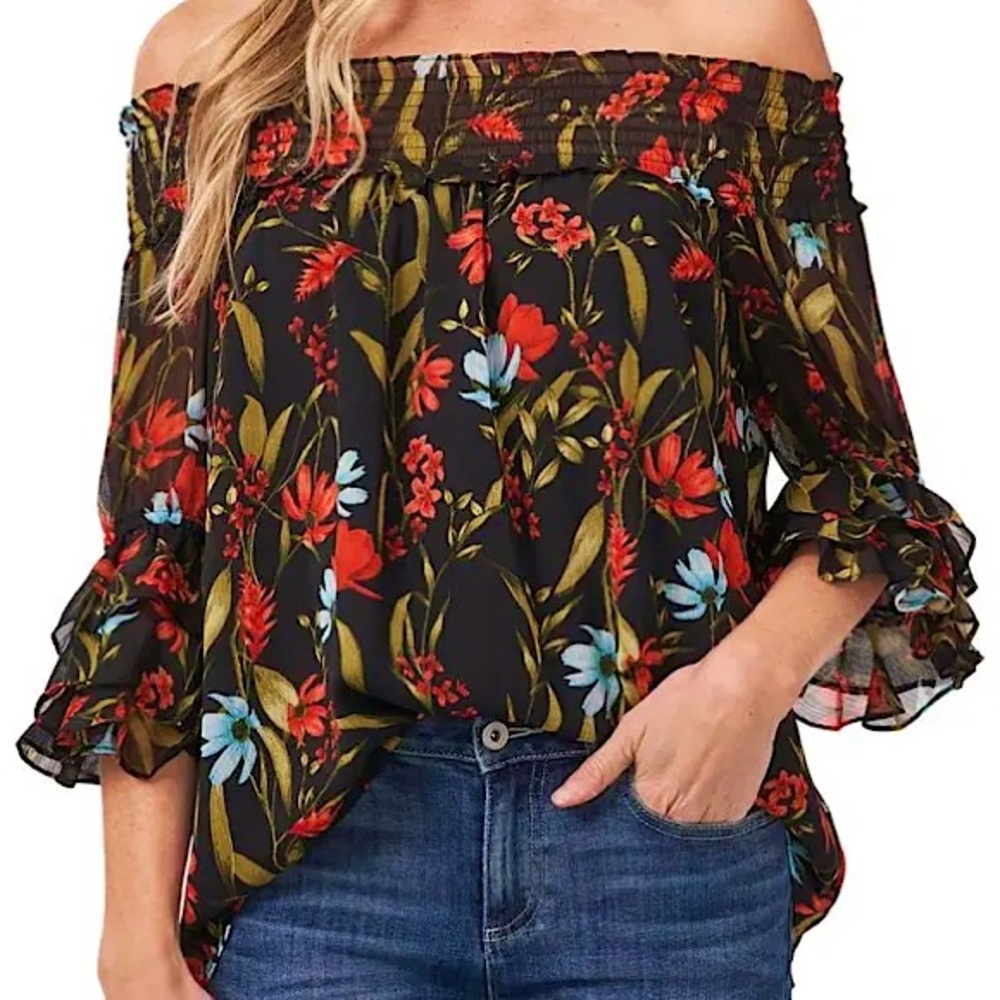 CeCe Black Blue Red Floral Ruffle Off the Shoulder Blouse Sz M Summer Date Night - Picture 1 of 11